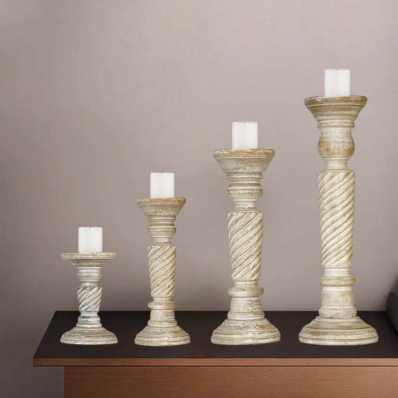 Traditional Antique White Eco-friendly Handmade Mango Wood Set Of Four 6",9",12" & 15" Pillar Candle Holder BBH Homes