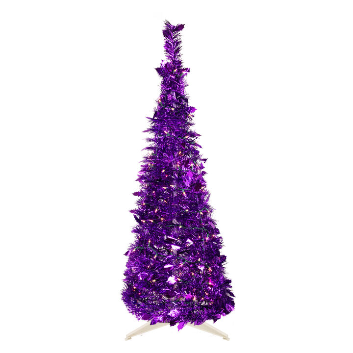 4' Pre-Lit Purple Tinsel Pop-Up Artificial Christmas Tree  Clear Lights