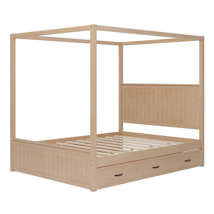 Merax 4-Post Canopy Platform Bed with Trundle and 3 Drawers