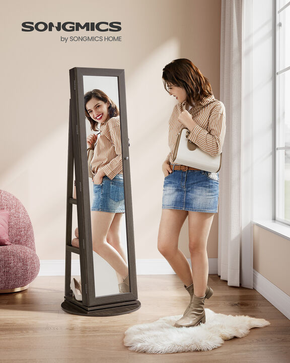 360° Swivel Lockable Jewelry Cabinet with Full-Length Mirror, Rear Storage Shelves, and Built-In Small Mirror