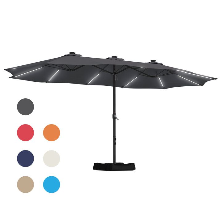 Mondawe 15 ft. Large Double-Sided Outdoor Twin Umbrella With Light Strip,Patio Market Umbrella with Crank and Base