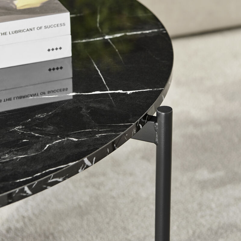 Round Contemporary Marble Finish Veneer Top Black Metal Large Coffee Table