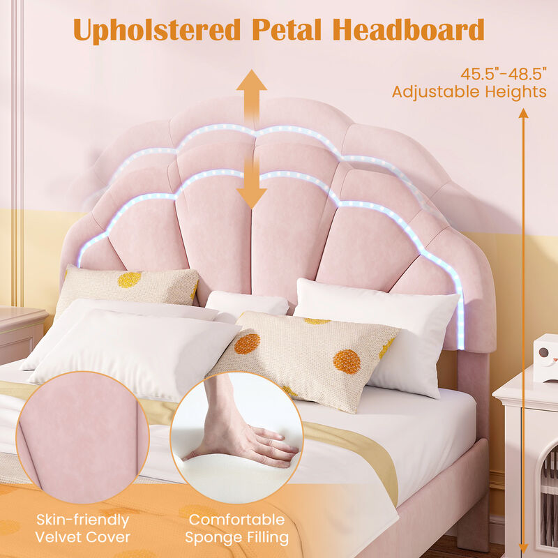 Upholstered LED Bed Frame with Adjustable Flower Headboard