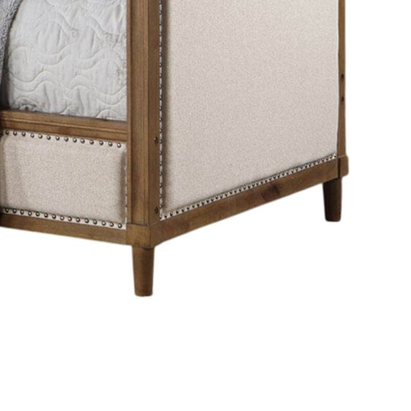 Kyra Twin Daybed with Nailhead Trim, Light Oak Pinewood, Beige Fabric - Benzara