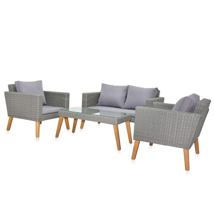 Resin Rattan and Wood Patio Set 4-Piece Conversation Furniture with Cushions