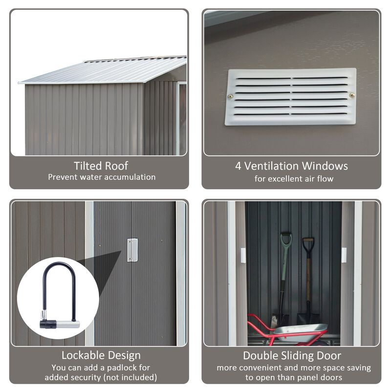 Spacious Tool Haven: 9x6 Grey Metal Storage Shed with Sliding Doors