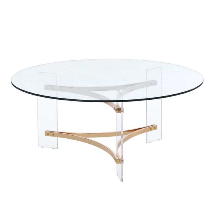 Hale 41 Inch Round Coffee Table, Glass Top, Acrylic Legs, Clear, Gold-Benzara