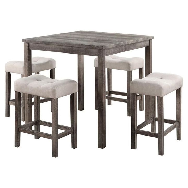 5 Piece Counter Height Table Set with 4 Stools, Beige Fabric, Gray Wood - Benzara