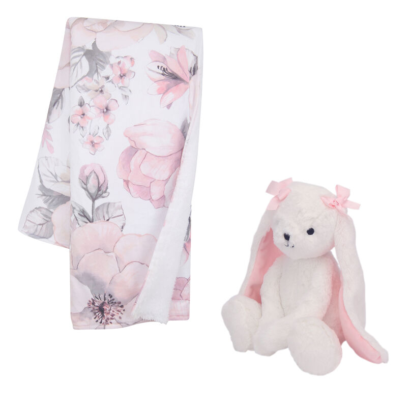Lambs & Ivy Floral Blanket & White Plush Bunny Stuffed Animal Toy Baby Gift Set