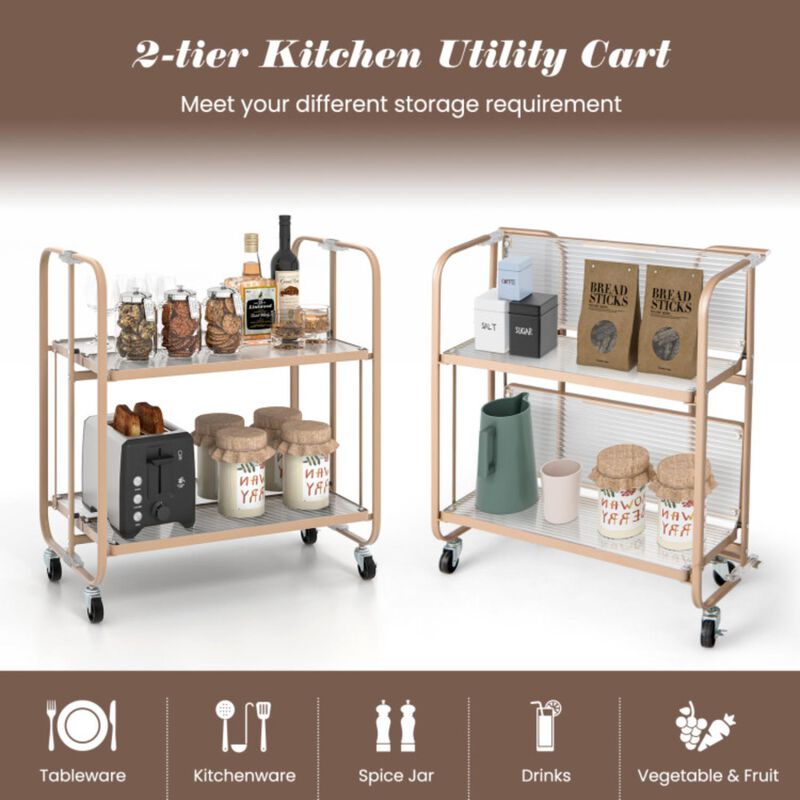 Hivvago 2-Tier Mobile Serving Cart with Tempered Glass Shelf-Golden