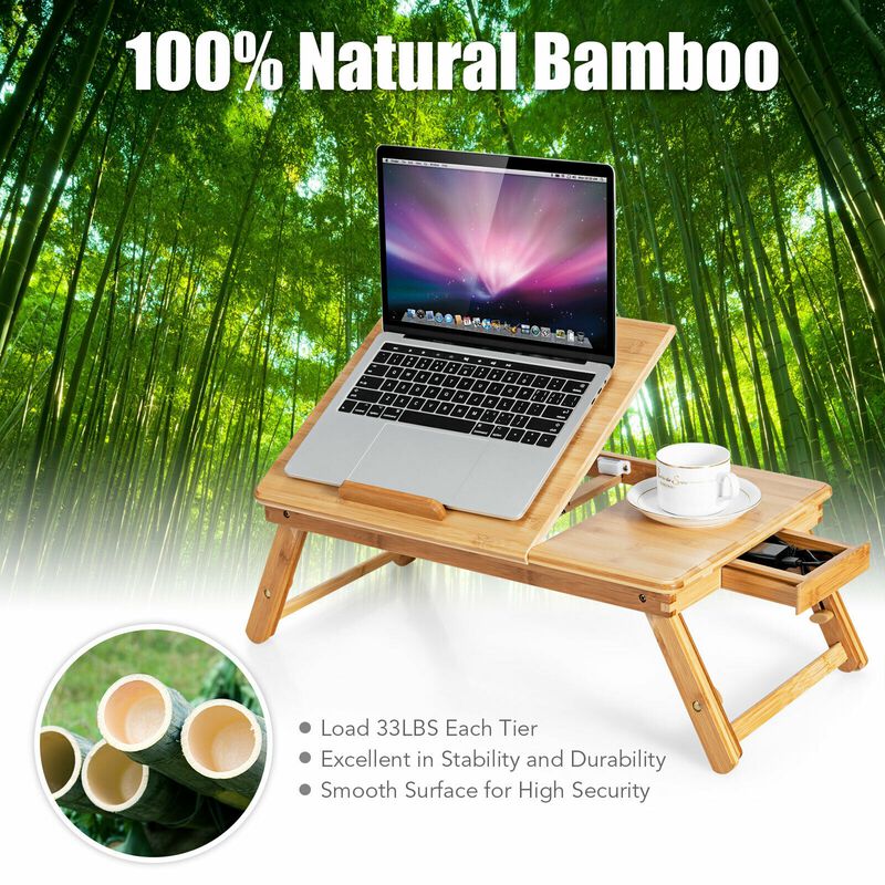Adjustable Wicker Laptop Desk with Tilting Top and Drawer