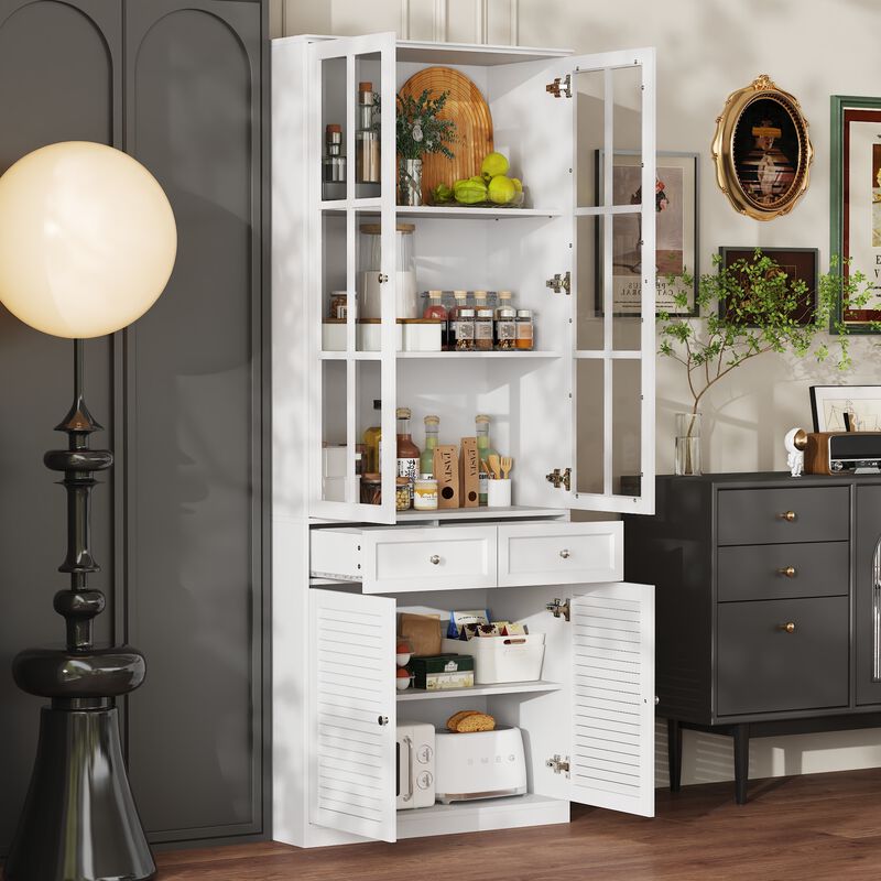 FUFU&GAGA Kitchen Pantry Cabinet with Glass Doors and Adjustable Shelves (31.5” W x 15.7” D x 78.7” H),White