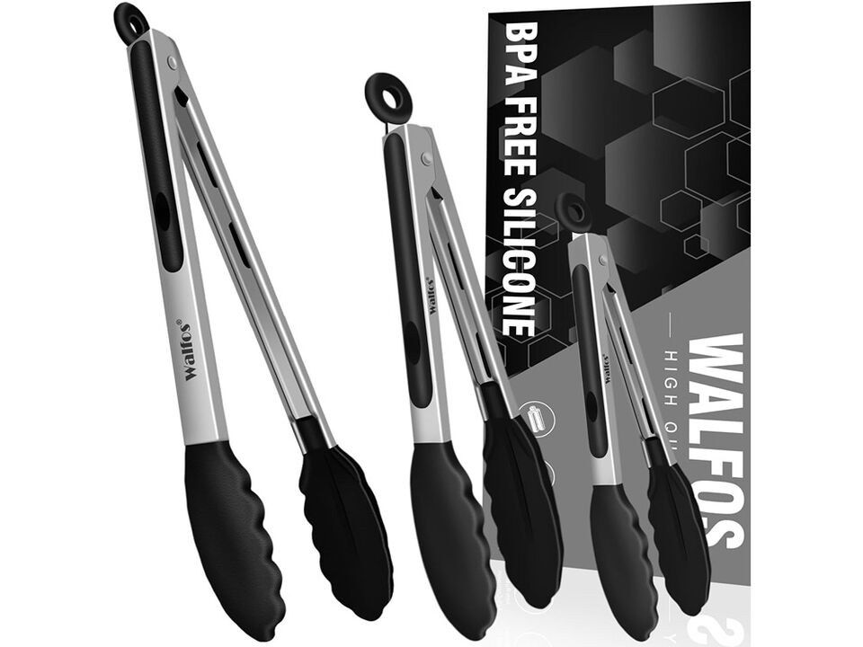 Walfos Kitchen Tongs - Heat Resistant Cooking Tongs Set of 3