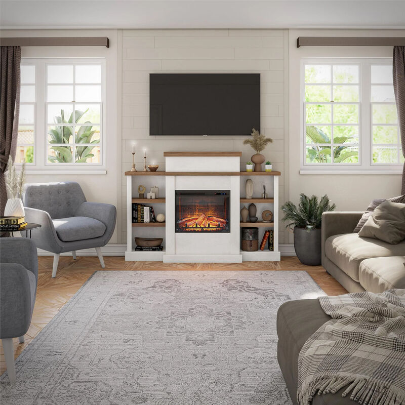 Gateswood Electric Fireplace with Mantel and Bookcase, Plaster and Walnut