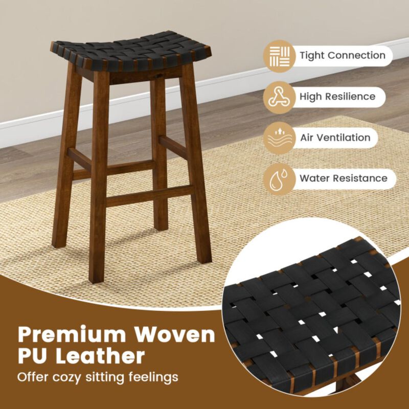 Hivvago Faux PU Leather Bar Height Stools Set of 2 with Woven Curved Seat