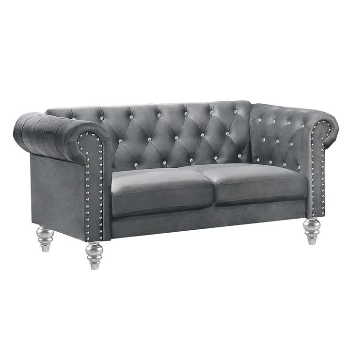 New Classic Furniture Furniture Emma Velvet Fabric Loveseat with Rolled Arms in Gray