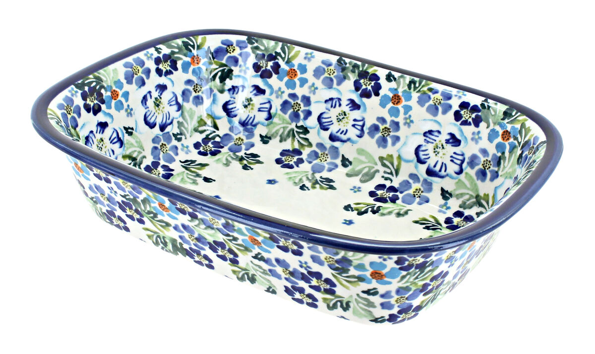 Blue Rose Polish Pottery Mosaic Flower Loaf Baker