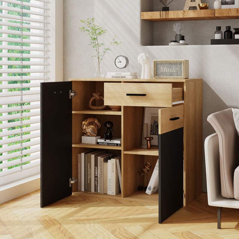 FUFU&GAGA Bookshelf with Storage Cabinet, Adjustable Shelves & Drawers, Modern Farmhouse Bookcase for Living Room, Bedroom, Home Office, (35.4" W x 34.1" H x 17.7" D),Rustic Oak & Black