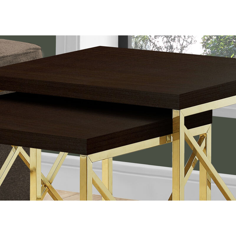 Monarch Specialties I 3237 Nesting Table, Set Of 2, Side, End, Metal, Accent, Living Room, Bedroom, Metal, Laminate, Brown, Gold, Contemporary, Modern