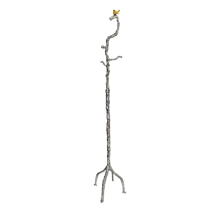 71 Inch Modern Aluminum Coat Stand, Branch Accent, Perched Bird, Silver - Benzara