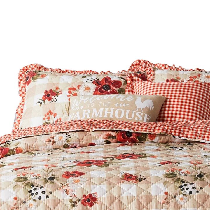 2pc Twin Quilt and Pillow Sham Set, Windflowers, Ruffle Edge, Truffle Brown - Benzara