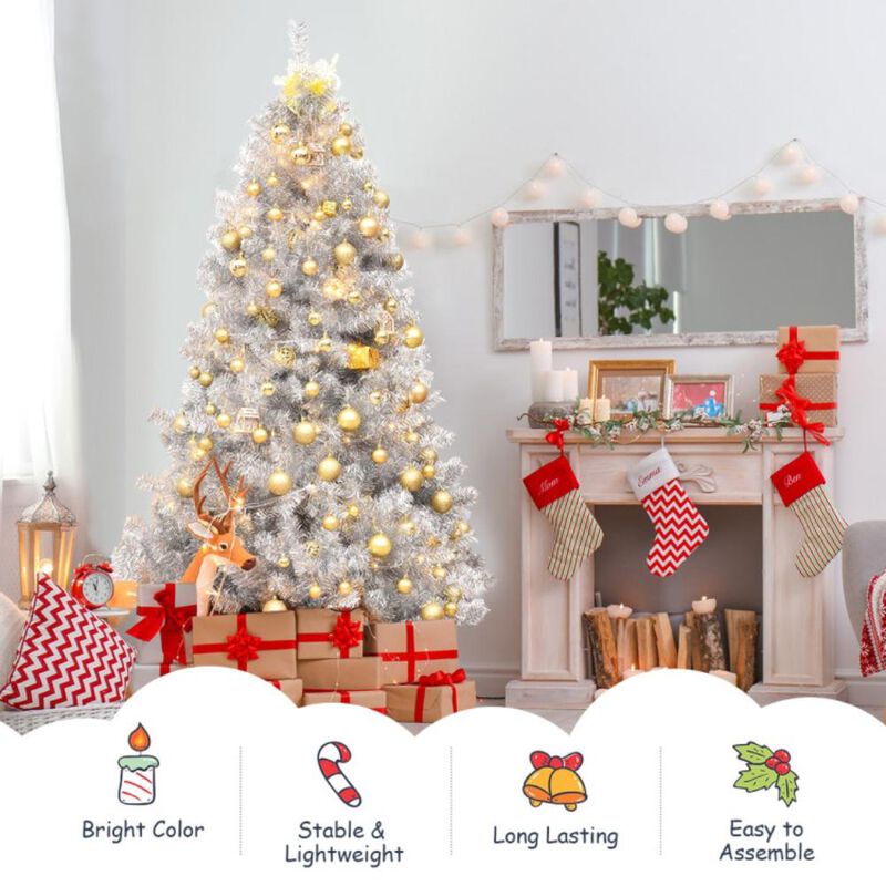 Hivvago 6 Feet Hinged Unlit Artificial Silver Tinsel Christmas Tree with Metal Stand