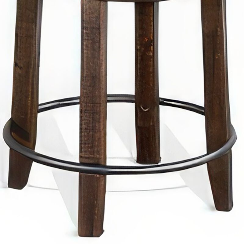 Flint Swivel Counter Stool Set of 2, Black Faux Leather, Dark Brown - Benzara