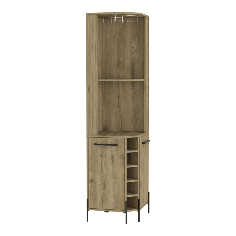 DEPOT E-SHOP Bosnia Corner Bar Cabinet, Two Shelves, Two Independent Single Door Cabinet, Five Built-in Wine Rack, Four Interior Shelves, Macadamia