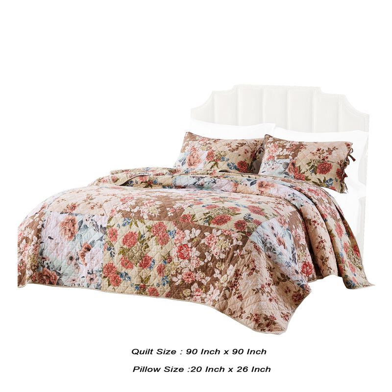 Rome 3 Piece Microfiber Reversible Floral Print Queen Quilt Set, Multicolor - Benzara