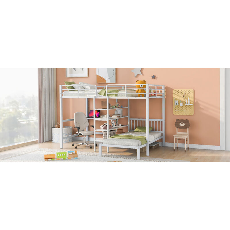 Full Over Twin Metal Bunk Bed With Built-In Desk, Shelves And Ladder
