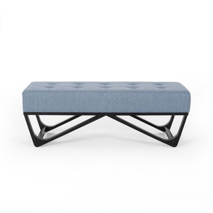Liba Ottoman Bench, Button Tufted Light Blue Fabric, Black, 47 Inch -Benzara