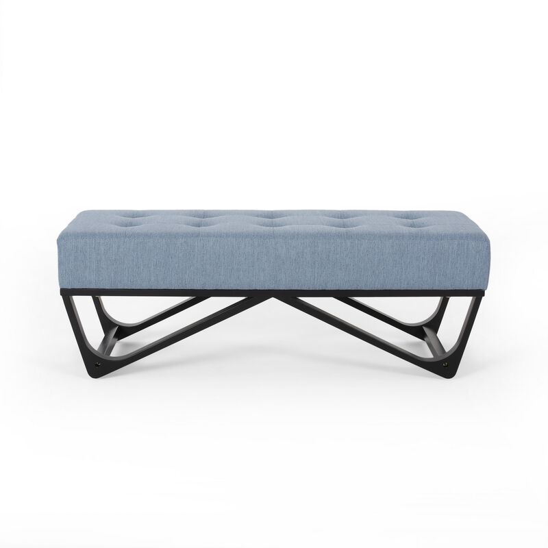 Liba Ottoman Bench, Button Tufted Light Blue Fabric, Black, 47 Inch -Benzara