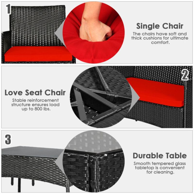 Hivvago 4 Pieces Patio Rattan Cushioned Sofa Set with Tempered Glass Coffee Table