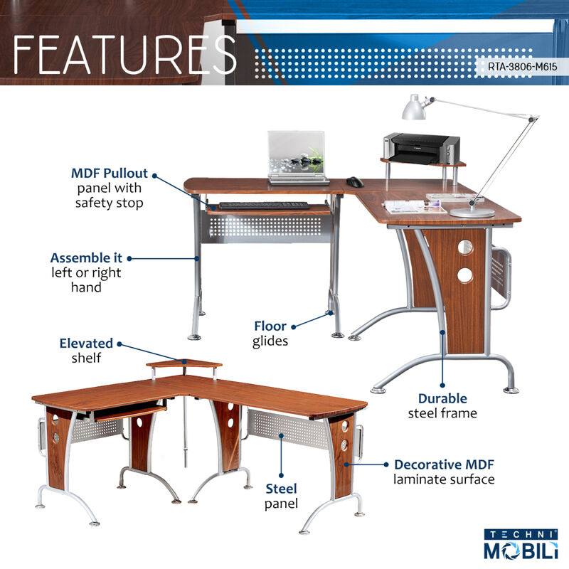 Deluxe L-Shaped Computer Desk With Pull Out Keyboard Panel, Mahogany