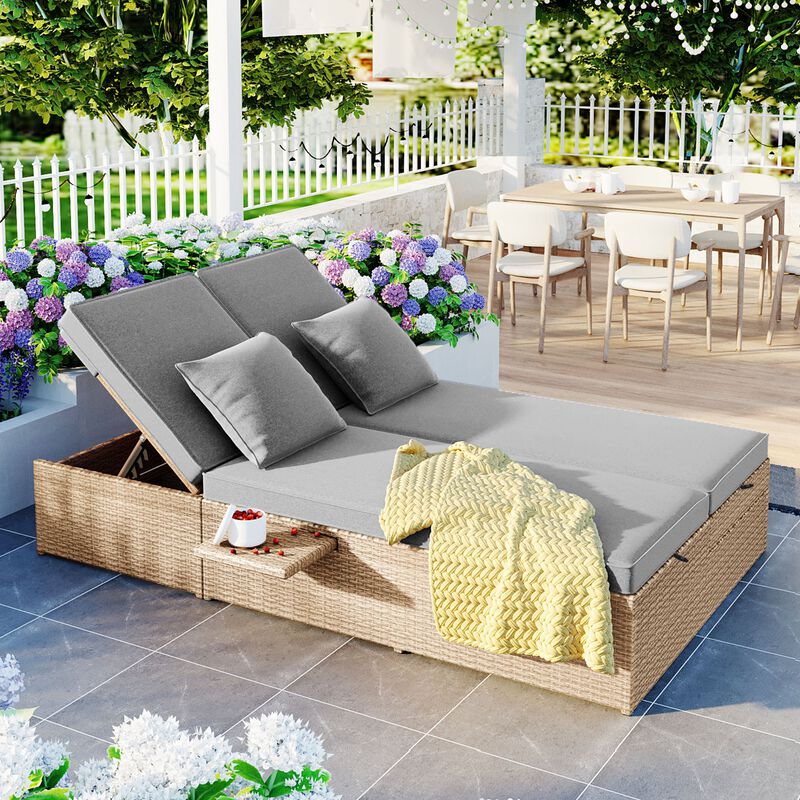 MONDAWE Outdoor Double Sunbed, Wicker Rattan Patio Reclining Chairs with Adjustable Backrest and Seat, Conversational Set