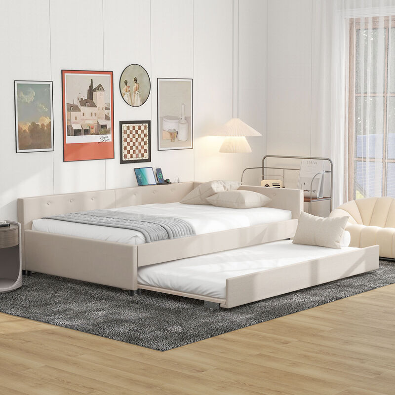Merax Upholstered Platform Bed with USB and Trundle