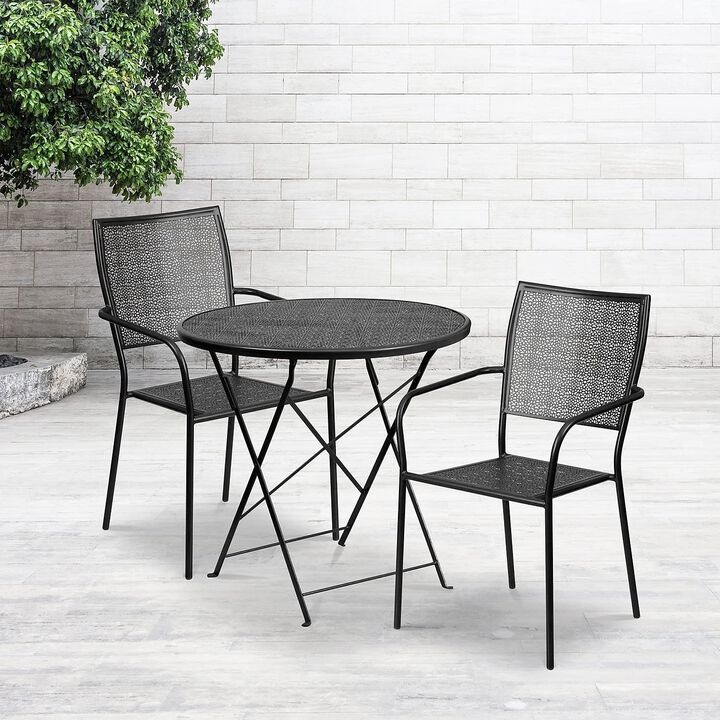 Flash Furniture Commercial Grade 30" Round Black Indoor-Outdoor Steel Folding Patio Table Set with 2 Square Back Chairs