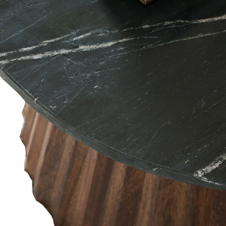 Ceil Cocktail Coffee Table, 26 Inch Fluted Flared Base, Black Marble - Benzara