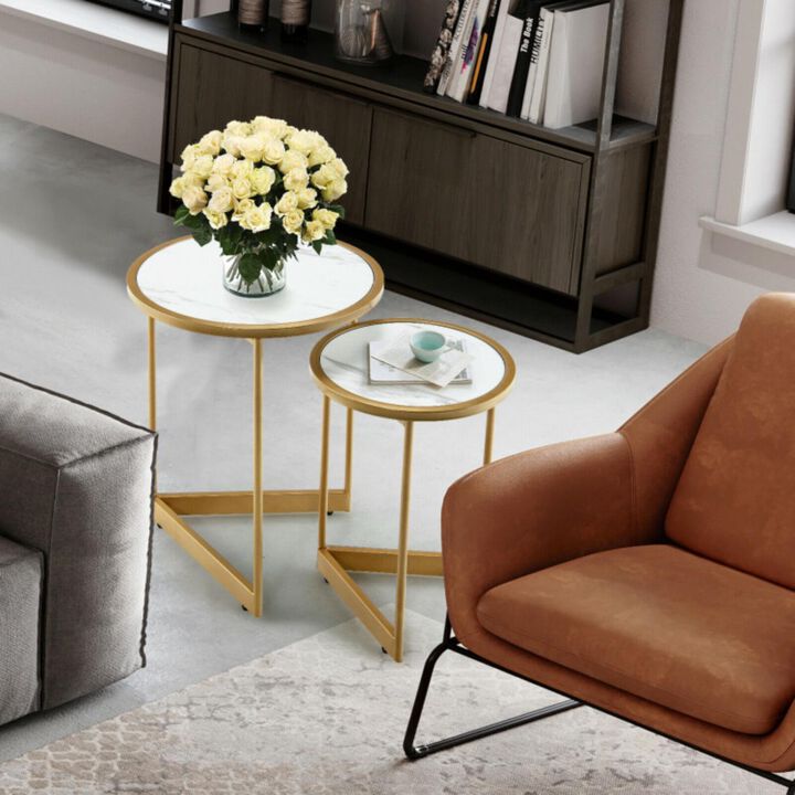 Hivvago Round Nesting Table Set of 2 with Marble-like Tabletop-White