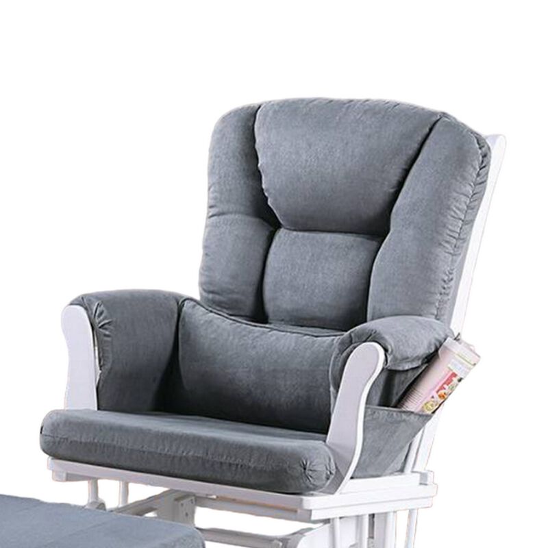 Noni Glider Manual Recliner Chair w Square Ottoman, White Wood, Gray - Benzara