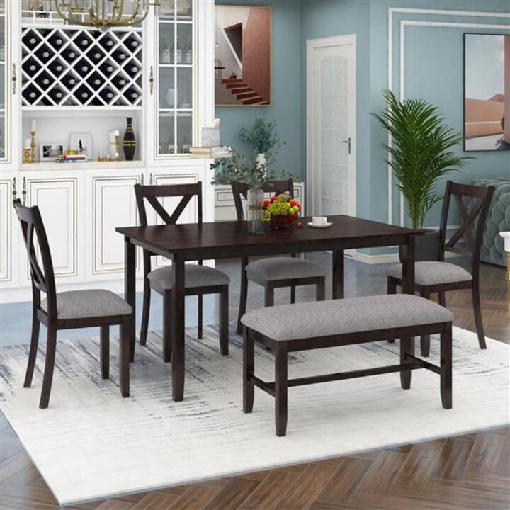 6-Piece Kitchen Dining Table Set Modern Table with Chairs & Bench for Dining Room or Kitchen