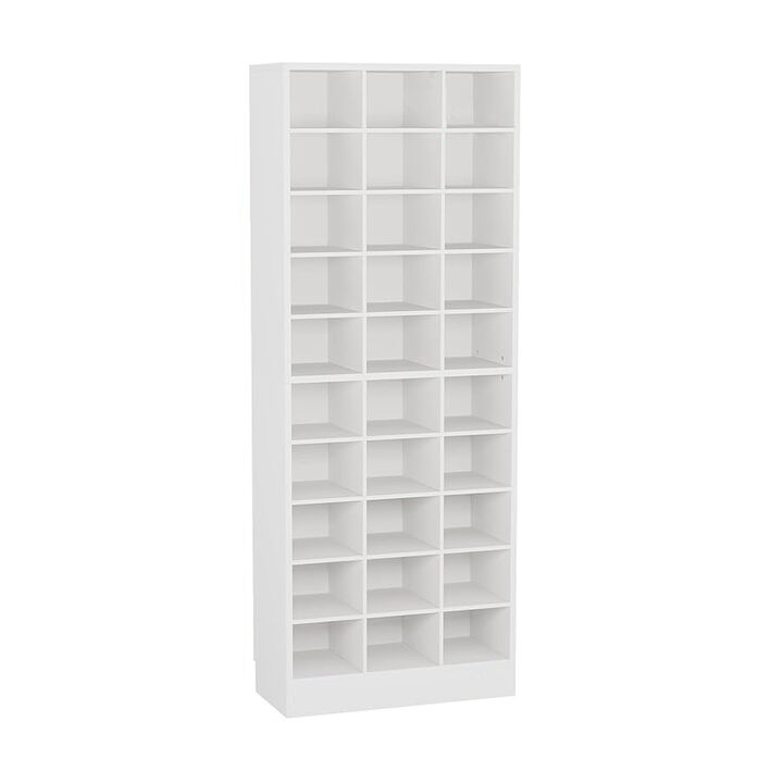 Shoe Cabinet, 10 Tier, White Wood Finish, 30 Open Shelves, 71 Inch - Benzara