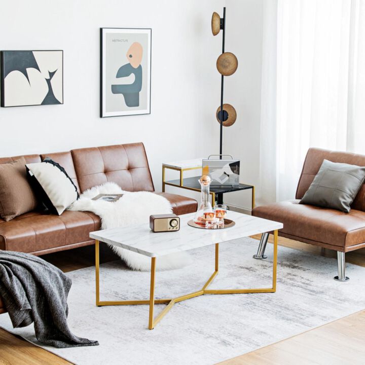 Hivvago White Faux Marble Coffee Table with Gold Finished Metal Frame