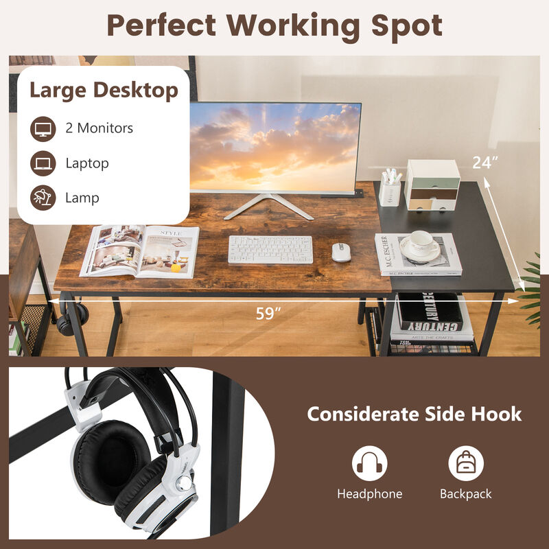 59 Inch Home Office Computer Desk with Removable Storage Shelves-Rustic Brown