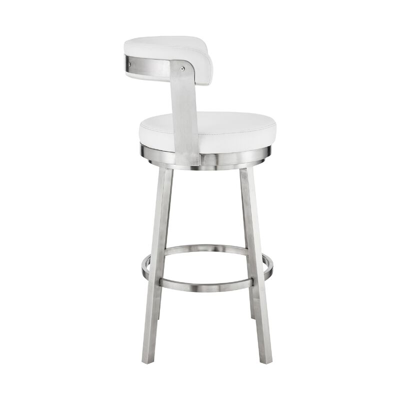 Swivel Counter Barstool with Curved Open Back and Metal Legs, White and Silver-Benzara