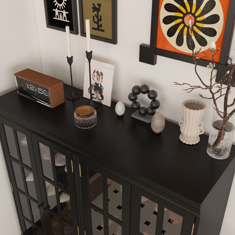 FUFU&GAGA Modern Black Shoe Cabinet with Glass Doors, Adjustable Shelves & Metal Handles (47.2" W x 15.7" D x 47.2" H), Black