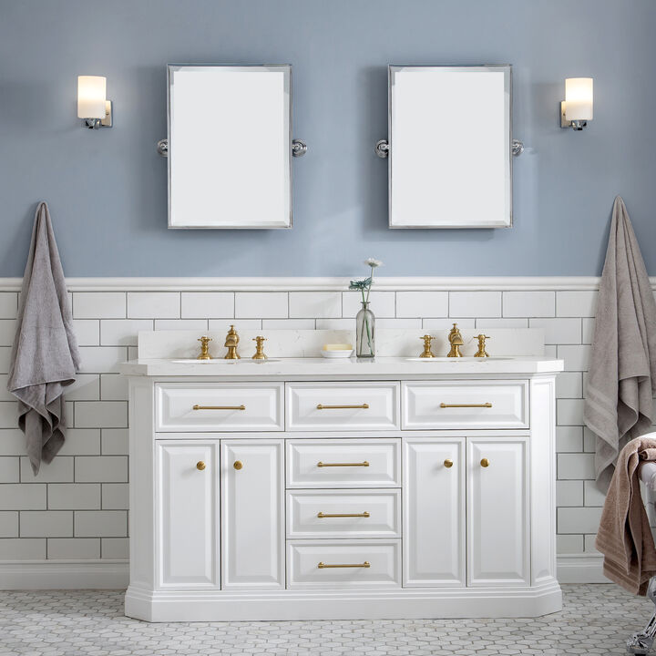 Palace 60 In. Double Sink Carrara Quartz Countertop Bath Vanity in Pure White with Satin Gold Hardware