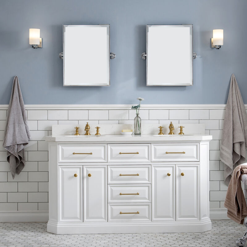 Palace 60 In. Double Sink Carrara Quartz Countertop Bath Vanity in Pure White with Satin Gold Hardware