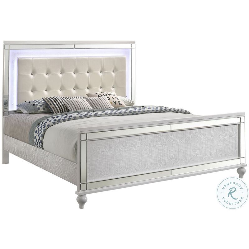 Lee Queen Size Bed, LED, Tufted Faux Leather Upholstery, Textured White - Benzara