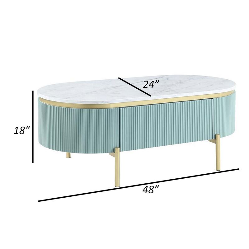 Ville 48 Inch Oblong Coffee Table, White Faux Marble Top, Teal Reeded Edges-Benzara